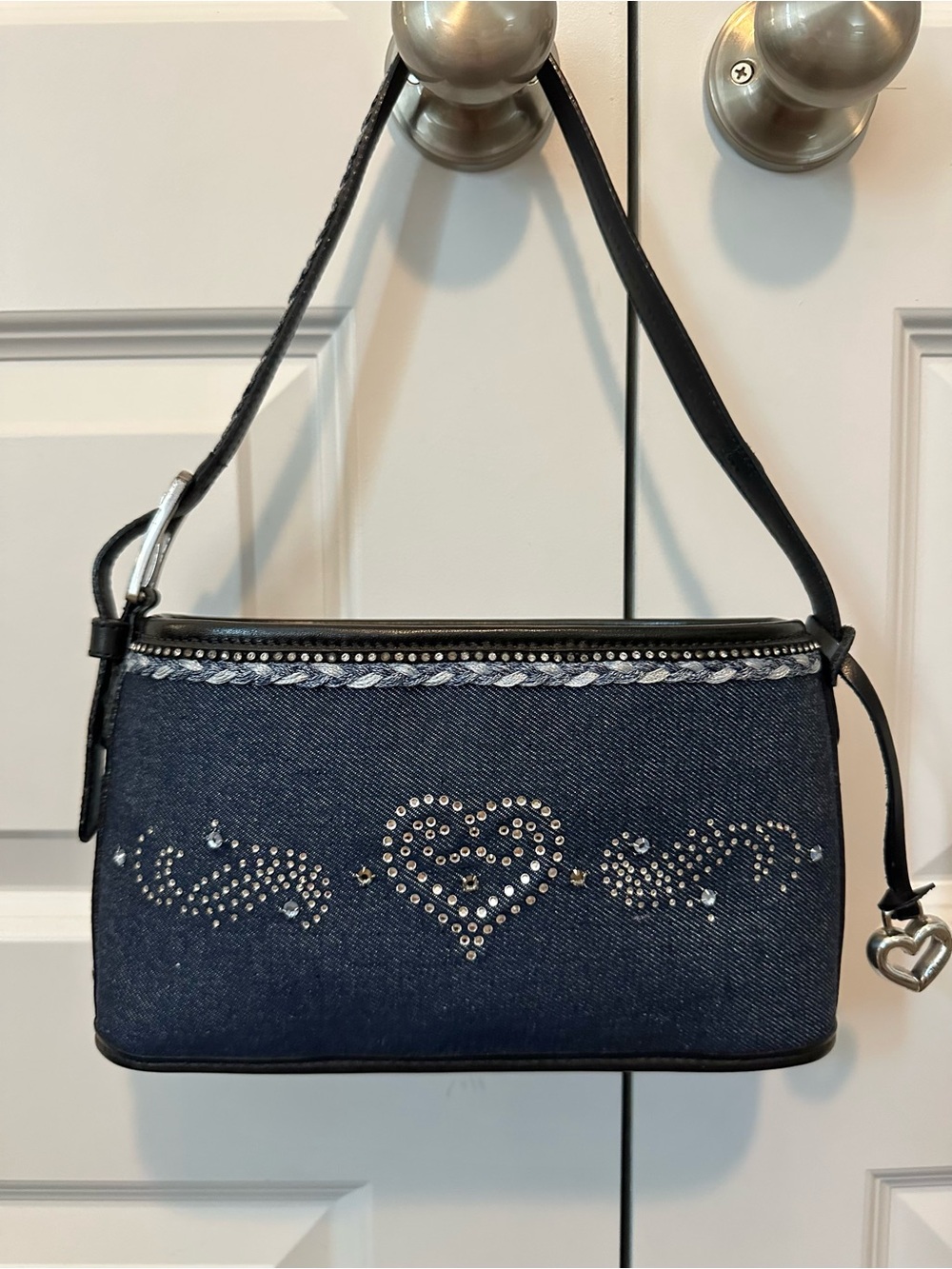 Brighton Dark Denim Shoulder Bag with Black Strap and Silver Accents